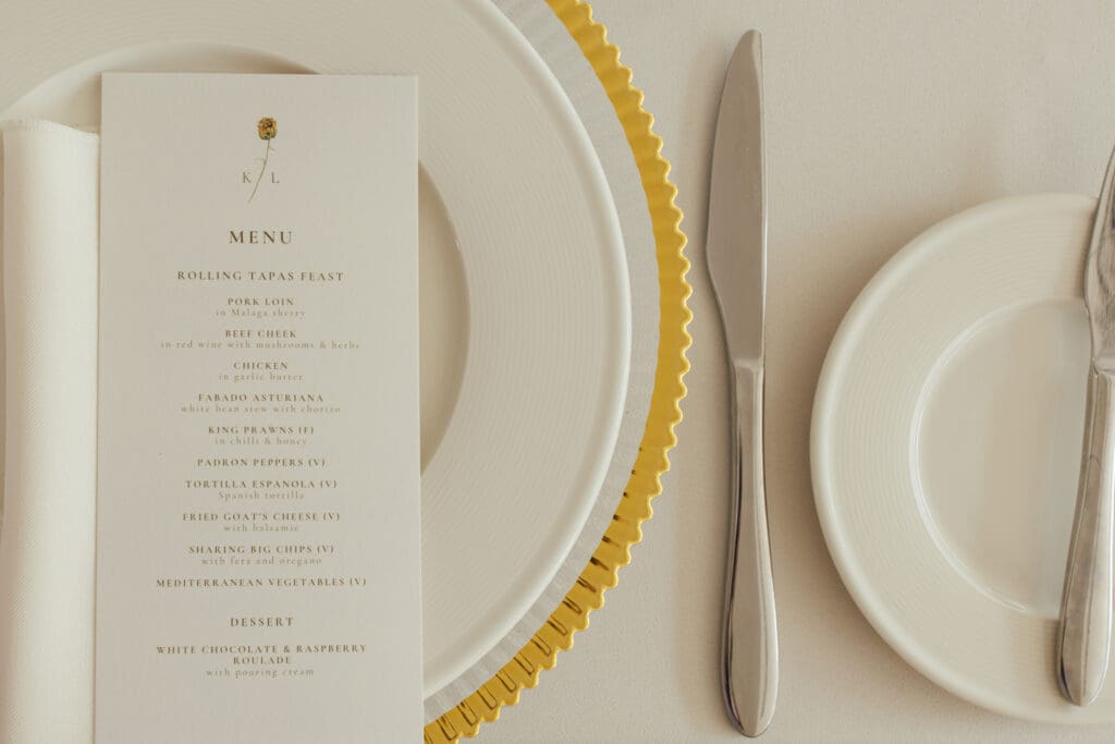 Close-up of wedding table setting with printed menu, white plates and cutlery at Stockton House, Shropshire